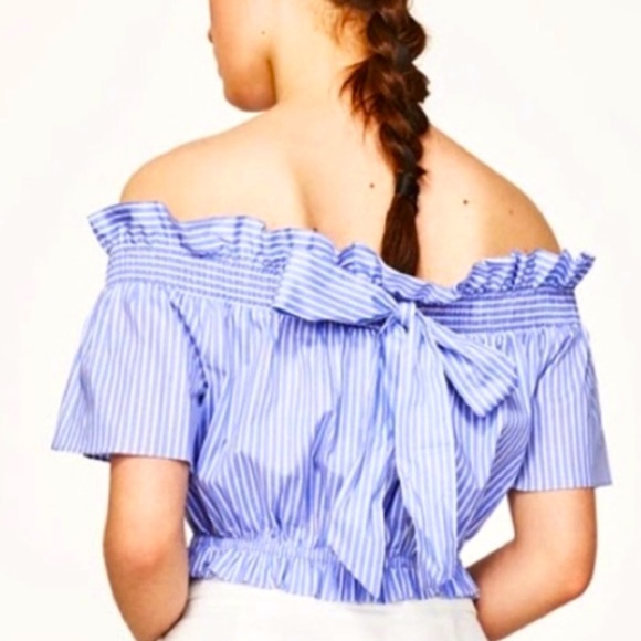 Zara Basic Striped Ruched Off Shoulder crop top Blue Size S - Picture 3 of 9